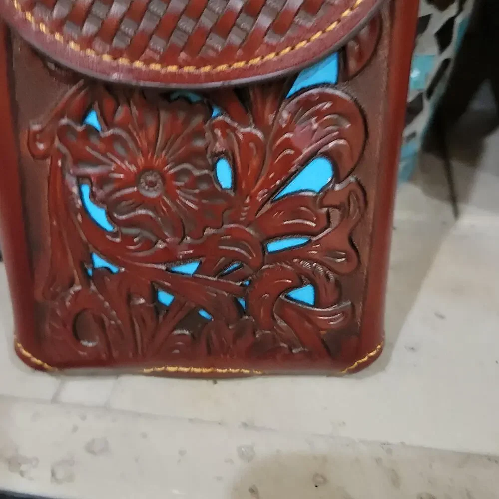 Praying Cowboy Western Phone Holster basketweave floral for XL size brown teal